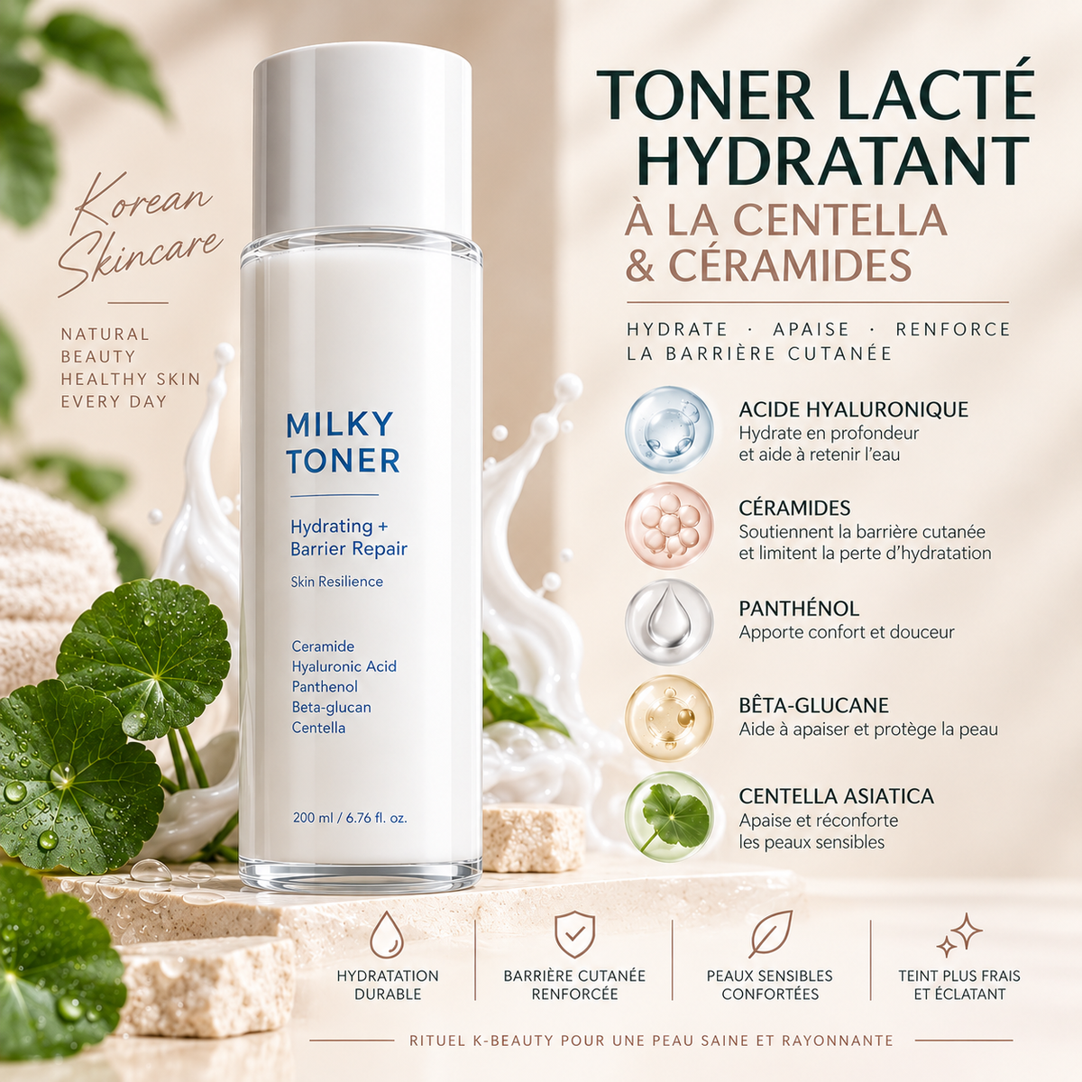 Toner Lacté Hydratant à la Centella & Céramides – 200 ml