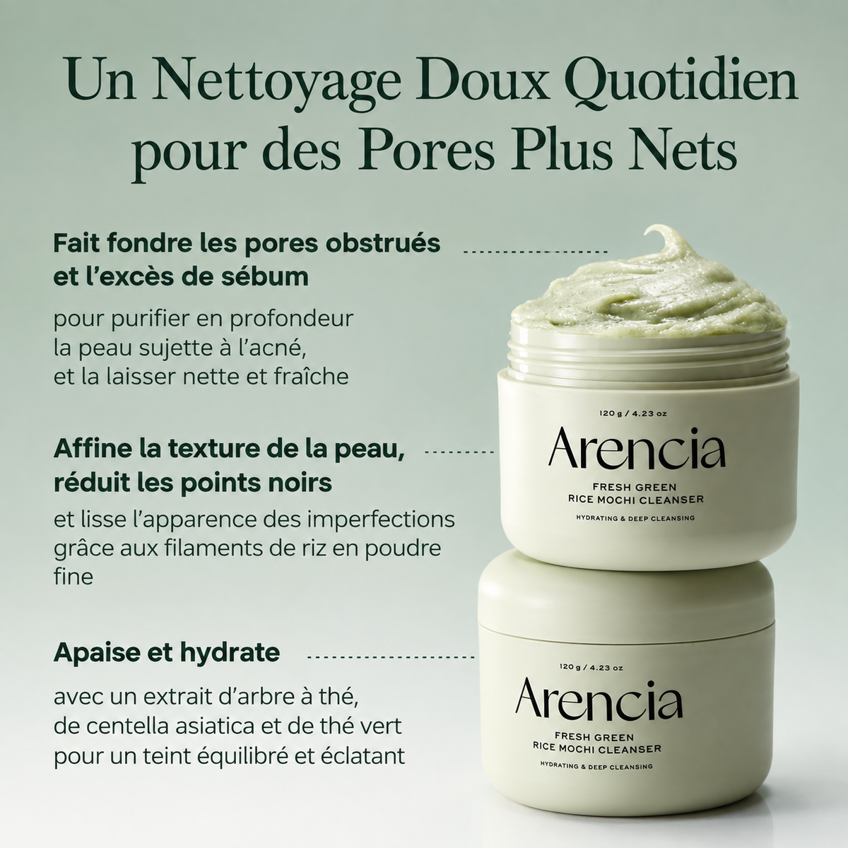 Nettoyant Visage au Riz Vert – Arencia 120 g
